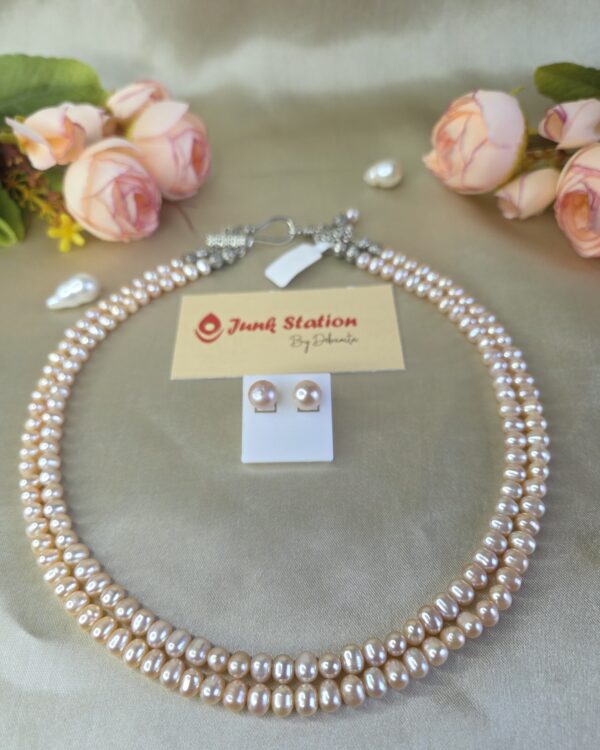 Double lines of Peach Fresh Water Pearl Neckpiece