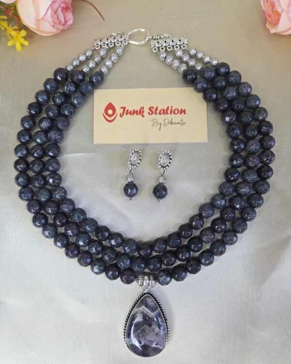 Triple layered Dark Purple Jasper Neckpiece with Pendant