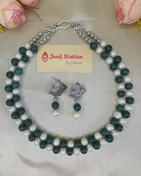 Double Layered Fresh Water Pearl with Jade Stone Neckpiece