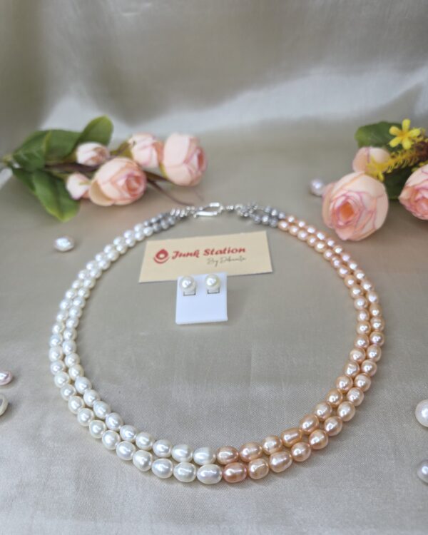 Double line White and Peach Half and Half Fresh Water Pearl Neckpiece